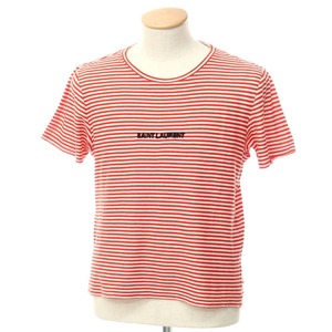 【中古】サンローランパリ SAINT LAURENT PARIS ハイゲージコットン 半袖ニットTシャツ レッドxオフホワイト【サイズXS】