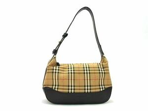 1円 BURBERRY バーバリー ノバチェック シャドーホース柄 キャンバス×レザー ショルダーバッグ 肩掛け ベージュ系×ブラック系 FC5347