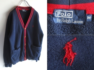 希少 90sビンテージ Polo by Ralph Lauren ラルフローレン ポロポニーロゴ刺繍 ラインリブ スウェット カーディガン M ネイビー レッド