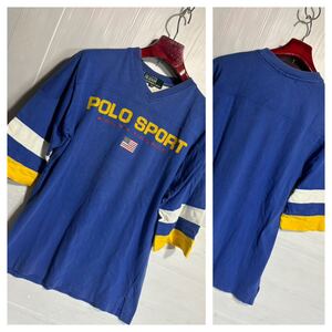 ヴィンテージ　Polo by Ralph Lauren ラルフローレン　ポロスポーツ　国内 デカロゴ　星条旗　アメリカ国旗 五分？ フットボールTシャツ 青