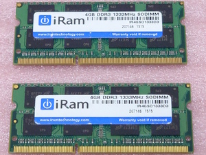 ◆iRam IR4GSO1333D3 2枚セット - PC3-10600S/DDR3-1333 Micronチップ 204Pin DDR3 S.O.DIMM 8GB(4GB x2) 動作品