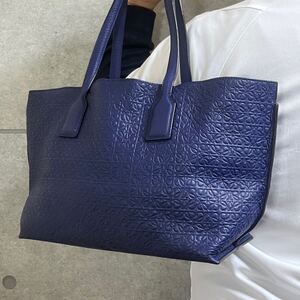 『美品 大容量』LOEWE ロエベ リピートアナグラム ビジネス トートバッグ 肩掛け A4可 ブルー レディース メンズ ユニセックス 