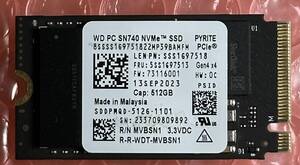 動作確認済み 2242 42mm WD PC SN740 NVme SSD 512GB Gen4x4 69時間　Read 5072MB