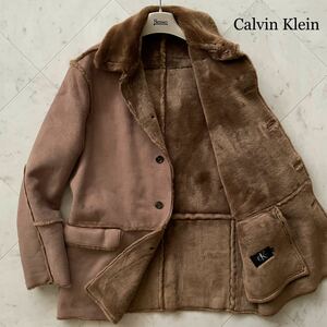 未使用級/希少XL★ カルバンクライン CALVIN KLEIN ムートンコート ボアジャケット 大きいサイズ エコムートン 高級感◎ キャメル メンズ