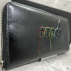 希少/美品　GUCCI グッチ 長財布 メンズ ビジネス ラウンドファスナー エンブリロイダリー 刺繍 ロゴ レザー 本革 ブラック 黒 小銭入れ