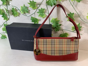 4411-91★BURBERRY バーバリー ショルダーバッグ ノバチェック 金具 シャドーホース 赤 持ち手レザー★