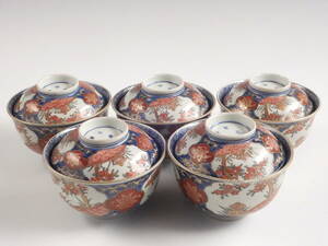 ○栄○古伊万里 色絵 花草文 蓋茶碗 5客 茶懐石 無傷完品 江戸期 62s226