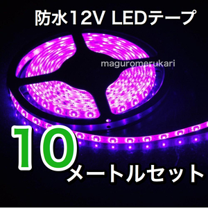 【クリックポスト送料無料】10ｍ LEDテープ 高輝度ピンクパープル 紫12V防水 車 バイク 原付 などのアクセサリー カスタム　業務用にも