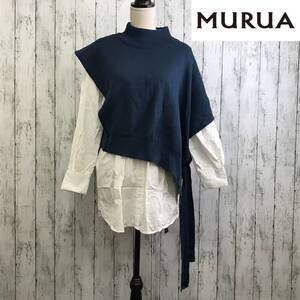 MURUA 　ムルーア　ベストレイヤードシャツワンピース　Fサイズ　ブルー　絶妙な丈感　S5.5-154　USED