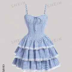 SHEIN MOD ブルー＆ホワイト ギンガムチェック ショートケーキドレス