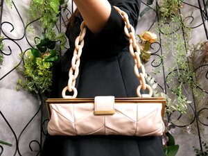 美品●miu miu ミュウミュウ●プラスチックチェーン●ラム レザー 本革●ハンド ショルダー バッグ●ベビーピンク●ゴールド金具●Js54126