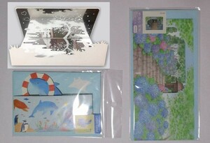 あじさい イルカ 夏柄レターカード ＆ ネコ グリーティングカード : ペンギン 猫 鏡面 立体 切り絵 シルエット 初夏 暑中見舞 残暑見舞