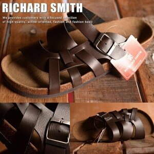 RICHARD SMITH PU レザー クロスベルト カジュアル サンダル メンズ 7961 ダークブラウン L 26.0～26.5cm / 新品 1円 スタート