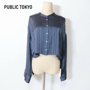 新品タグ付き PUBLIC TOKYO パブリックトウキョウ 長袖シャツ ブラウス ノーカラー ストライプ ショート丈 紺 ネイビー F YC84