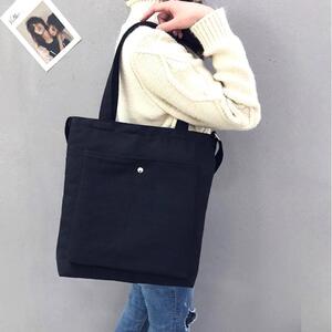 【新品】キャンバス トートバッグ 無地 2WAY ショルダーバッグ＜ブラック＞メンズ レディース 男女兼用 コットン 大容量 軽量 丈夫 黒