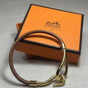 ●【MH-8935】中古品 HERMES エルメス ジャンボ レザー ゴールド金具 ブレスレット ブラウン アクセサリー【レターパックプラス可】