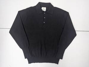 17．カシミア 100% 90s スコットランド製 Royal Salute 無地 レトロ ヴィンテージ カシミヤ ニット ポロシャツ メンズL 黒 x304