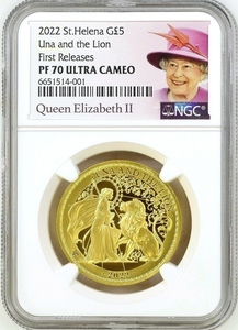 2022年 セントヘレナ ウナとライオン 5ポンド 1オンス プルーフ 金貨 NGC PF70 ULTRA CAMEO First Releases 女王ラベル