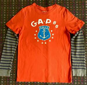 美品 GAP ギャップ ボーダー重ね着風 長袖Tシャツ 160 送料185円〜 赤 グレー