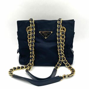 1円 美品 PRADA プラダ テスートナイロン レザー チェーン ショルダーバッグ チェーントート ロゴプレート ゴールド金具