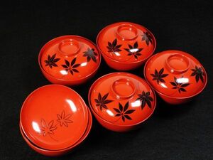 【6423】明治期　茶懐石道具　紅葉の図　蒔絵　吸い物椀　5客（初品・買取品）