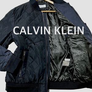 1円〜 美品　CALVIN KLEIN ダウンジャケット キルティング ブルゾン　ネイビー　紺色　裏地総柄　L 内ポケット　カルバンクライン　 