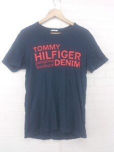 ◇ HILFIGER DENIM ヒルフィガーデニム ロゴ プリント 半袖 Tシャツ カットソー サイズM ネイビー レッド系 メンズ P