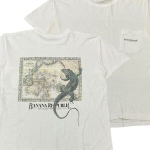 90s BANANA REPUBLIC Tシャツ ホワイト ポケット SAFARI & TRAVEL ロゴ トカゲ 地図 バナリパ バナナリパブリック 80s USA ヴィンテージ