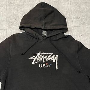 00s STUSSY USA ビッグロゴ フーディー オールドステューシー　 00年代 スウェット トレーナー ブラック 黒 裏起毛 vintage加工ロゴ YL1176