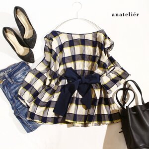 美品 アナトリエ anatelier 株)ワールド 可愛い ブロック チェック柄 シャツ 生地 リボン 七分袖 カットソー 7号 36 ネイビー 紺 イエロー