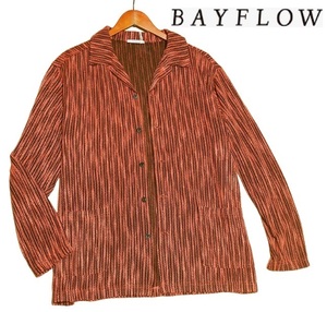 新品! BAYFLOW ベイフロー ストライプ 長袖 シャツ ジャケット オレンジ 3 (M) ☆ メンズ スラブ生地 ストレッチ カーディガン 橙×黒 ★