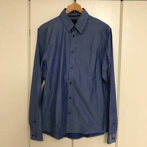 USED エイチ アンド エム H&M レギュラーカラーシャツ ブルー サイズM ミニヘリンボン柄 綿100% ネイビーパイピング