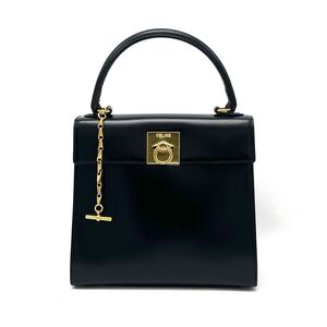 1円 美品 CELINE セリーヌ ロゴ金具 ボックス カーフ ハンド バッグ eD0170N