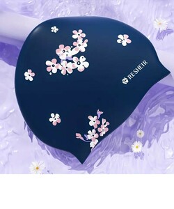 【プールに映える！】スイムキャップ花柄《小桜》swimming cap　柔らかシリコン素材　ネイビー