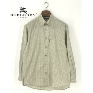 A8301/美品 春夏 BURBERRY LONDON バーバリー ロンドン コットン チェック ボタンダウン 長袖 ドレス カッター Yシャツ L 緑/日本製 メンズ