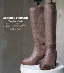 イタリー製 アルベルト フェルマーニ ALBERTO FERMANI ベージュ 本革 パンチングレザー & アンティーク仕上げ ロングブーツ 35 22.5cm