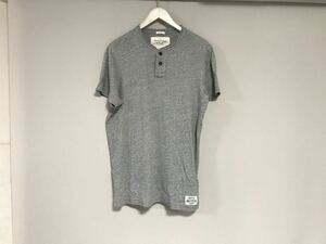 本物アバクロアンドフィッチAbercrombie&Fitchコットンヘンリーネック半袖TシャツメンズサーフワークアメカジミリタリーグレーL