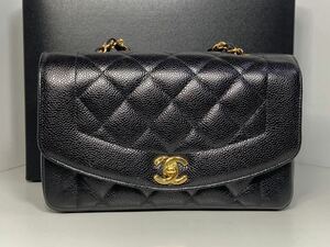 【新品同様】 CHANEL ダイアナフラップ チェーンショルダー 22cm マトラッセ キャビアスキン ブラック ゴールド金具 斜め掛け 美品