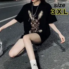 うさぎ　Tシャツ　半袖　3XL ブラック　黒　ラウンドネック　オーバーサイズ