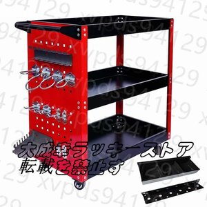 ツールワゴン 工具カート 3段 ドライバーホルダー キャスター付 耐荷重165KG 片面プレート ハンドル付 360度回転 移動 工具台車