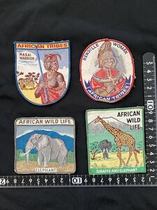 アンティーク　ケニヤ　刺繍ワッペン Kenya souvenior embroidery patch Rendille woman Masai warrior elephant giraffe Africal tribe