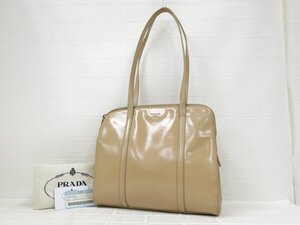 ◆美品◆PRADA プラダ◆ロゴ型押し◆カーフ レザー 本革◆トート ショルダー バッグ◆ベージュ シルバー金具◆イタリア製◆肩掛け◆A8977