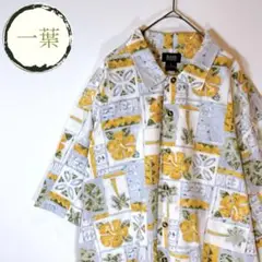 【柄シャツ】グレー　白　黄　緑　マルチカラー◆ボタニカル柄　古着　夏◆メンズXL