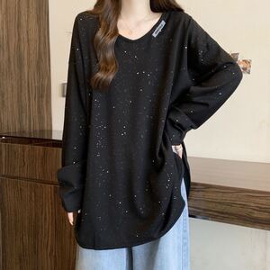 カットソー チュニック 長袖 トップス Tシャツ Vネックプルオーバー　ブラック　大きいサイズ