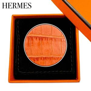 未使用 HERMES エルメス リバプールMM クロコ SV ブローチ ピンバッチ オレンジ