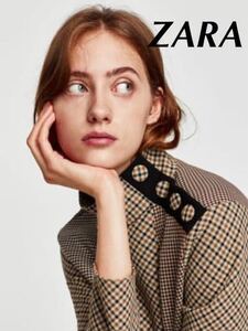 ZARA チェック柄 ハイネック ブラウス ショルダーボタン付きパッチワークトップ S 191022