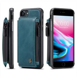 iphone7plus ケースiPhone8plus レザーケース アイフォン8プラス レザーケース 背面 ファスナーポケット付き カード収納 カバー ブルー