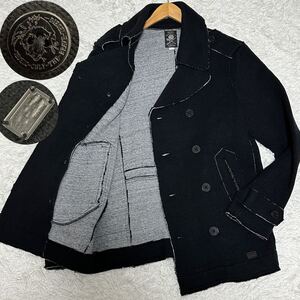 希少/XLサイズ●DIESEL ディーゼル カットオフ ニットピーコート Pコート ダブルフェイス ブラック ブレイブマンボタン メタルプレート