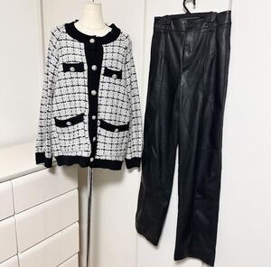 ★1円～★レディース トップス ボトムス 2点セット J.X.Y.C ツイードニットカーディガン ZARA XS レザーパンツ お出掛けコーデ