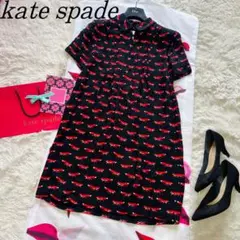 【良品】kate spade 総柄ワンピース ブラック キツネ 半袖 襟 4